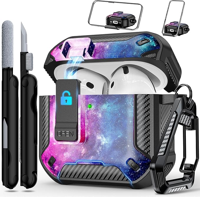 RFUNGUANGO Compatible AirPods 4th Generation Protective Case with Phone Holder and Compatible Back Magnetic Suction Function, Suitable for AirPods 4th Case-Black+Starry Sky