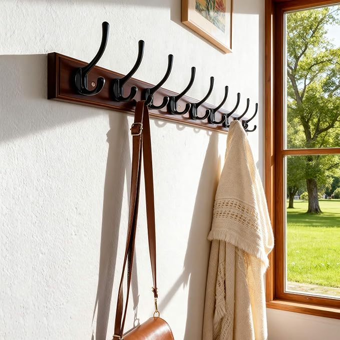 Dseap Coat Rack Wall Mounted: 10-Hooks, 38-1/4" Long, 16" Hole to Hole, Wood Coat Hooks Wall Mounted, Hook Rack, Hook Rail, Hooks for Hanging Coats, Light Walnut & Black