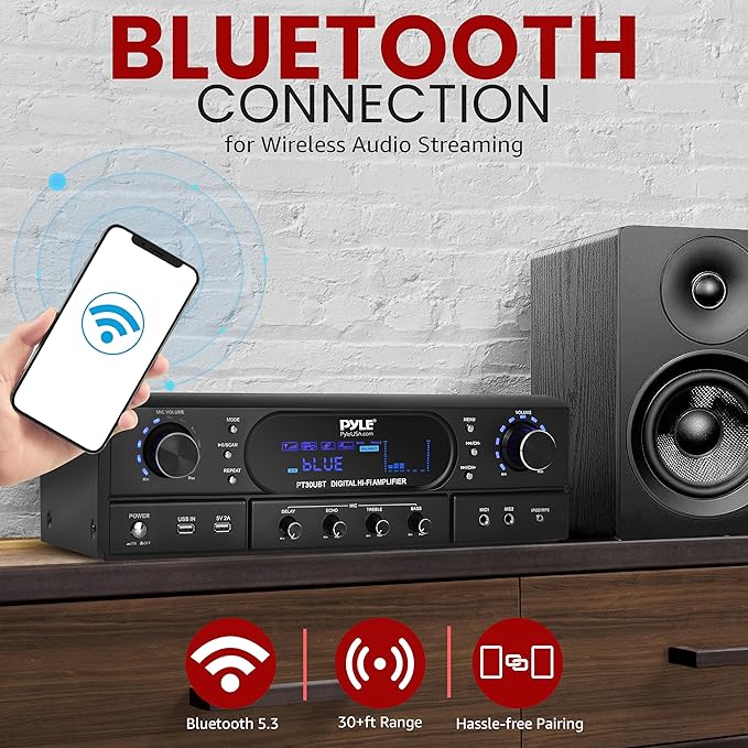 Pyle Bluetooth Home Theater Receiver Amplifier - 180W Peak Power Amp w/Treble, Bass, Echo Control, MP3/USB/FM, Dual Channel Audio Stereo System for Home Streaming Entertainment, Karaoke, Professional