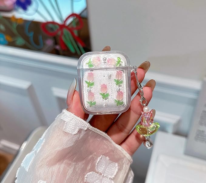 JANDM 3D Tulip for AirPods 1/2 Case with Keychain, Clear Glitter Pink Floral Design, Shockproof Protective Cover for Women Girls with Flower Charm Strap
