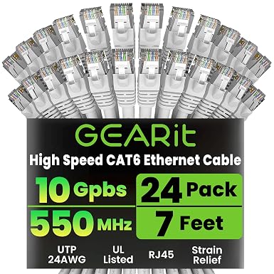 GEARit Cat6 Patch Cables Cat 6 Ethernet Cable 7 ft 24-Pack White