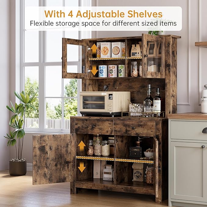 GarveeHome Kitchen Pantry Cabinet with Microwave Stand, Freestanding Hutch Cabinet with Buffet Cupboard, Tall Kitchen Cabinets with Adjustable Shelves for Dining Room, Brown