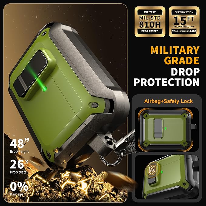 RFUNGUANGO AirPods Pro 3 Case (2025) with Safety Lock and Automatic Pop-up, Compatible with Airpods Pro 3rd Generation Case, Magnetic Lid, Compatible MagSafe, Hard Shockproof Protective, Dark Green
