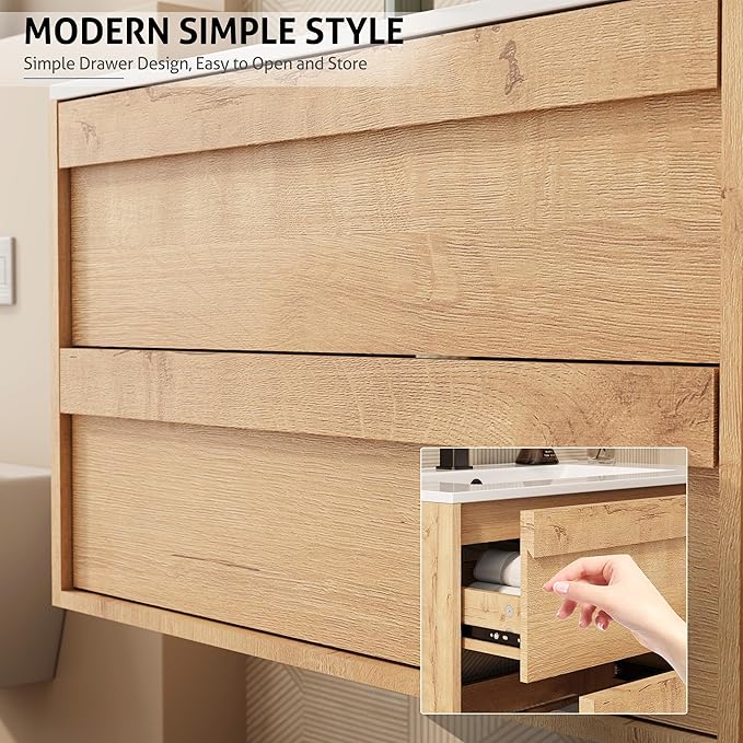 eclife 36" Floating Bathroom Vanity Sink Combo, Wall Mounted Modern Minimalist Storage Cabinet with 2 Drawers, Include Sink, Faucet & Drain, Natural