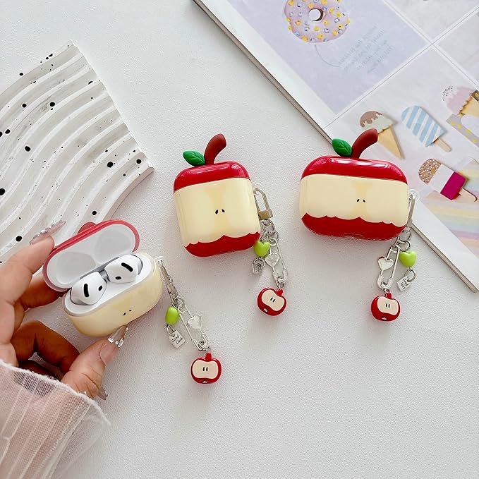 JANDM 3D Fruit Case with Keychain for AirPods 3,Cute Apples-Shaped Design Aesthetic Shockproof Cover with Strap Women Girls Cover Case for AirPods 3