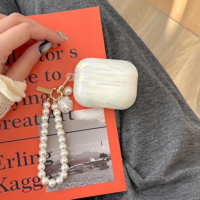 Cute Case for Airpods Pro 3 (2025), Bling Shell Pattern Soft TPU Protective Cover with Luxury Pearl Shell Keychain for Apple Airpods Pro 3 Charging Case, Colorful White
