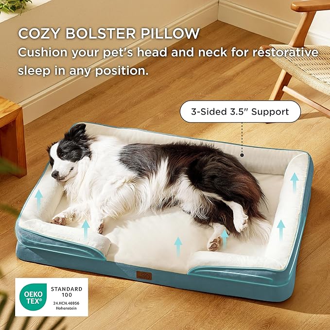 Bedsure L Plus Orthopedic Dog Bed for Large Dogs - Washable Dog Cat Bed Waterproof, L Plus Big Comfort Dogs Couch Sofa with Washable Removable Cover, Pet Bed with Nonskid Bottom, Dune Haze Blue, 38"