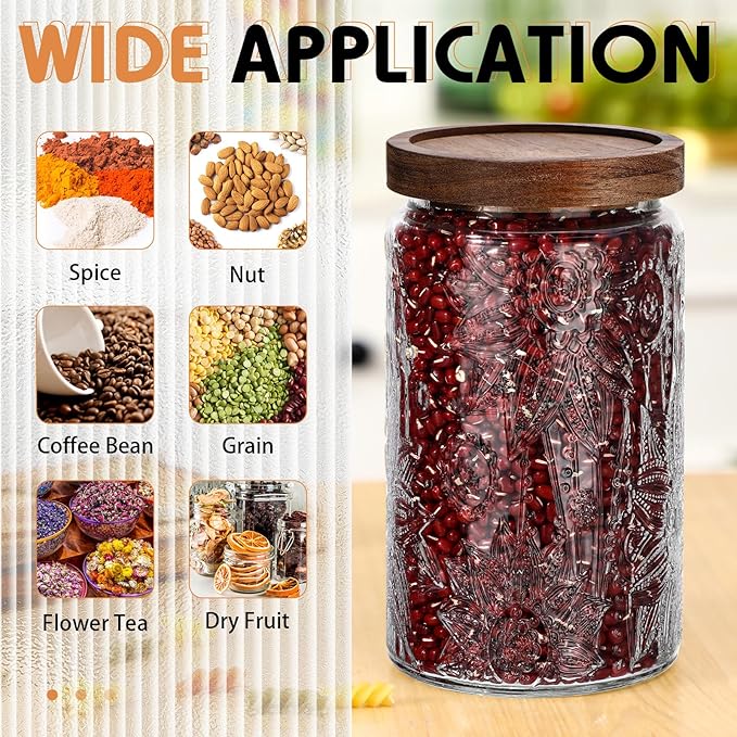 Domensi 6 Pcs Vintage Glass Jars 34 oz Glass Storage Jars with Lids Sunflower Pattern Airtight Storage Containers for Kitchen Counter, Pantry, Coffee Bean, Grains, Tea, Sugar, Flour, Candy, Oats