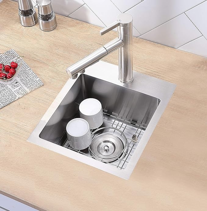 15 x 17 Inch Drop in Bar Sink, Single Bowl Topmount Small Kitchen Sink, 304 Stainless Steel Bar or Prep Sinks, Brushed Nickel