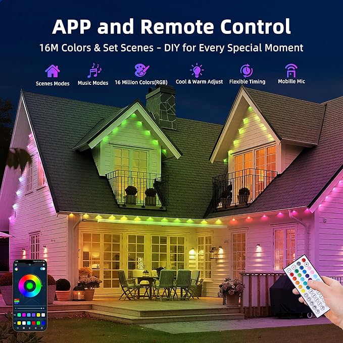 50FT Permanent Outdoor Lights for House,RGB LED Eaves Lights with IP67 Waterprooff, Smart App Remote Control, Music Sync, for Christmas,Daily & Holiday Party Decor