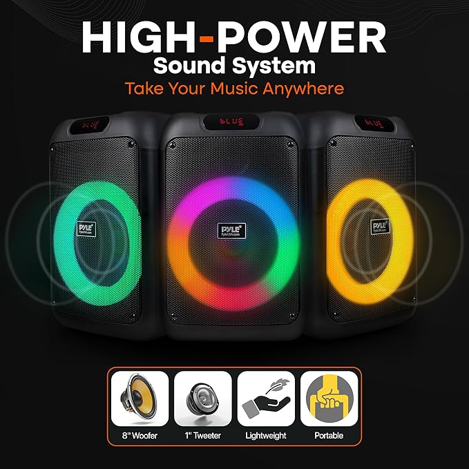 Pyle Party Speaker - 100W Bluetooth PA Karaoke Speaker with 8" Woofer, Features Echo, Bass & Treble Control, USB/SD/BT/FM Radio, MIC in, LED Lights, for Events, Home & DJ Use