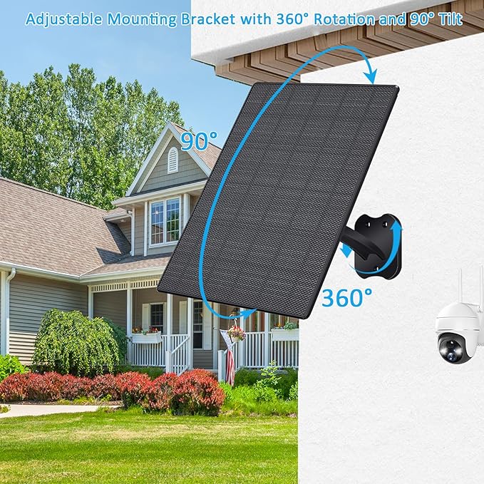 10W Solar Panel for Security Cameras, 5V Outdoor Camera Solar Panel with USB-C Cable, DC 5.5x2.1mm & Micro USB Port, IP66 Waterproof with Adjustable Mount & 10FT Cable