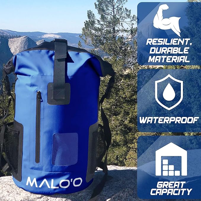 Malo?™o DryPack 30L Waterproof Backpack, Roll-Top Dry Bag Backpack with Padded Straps, Floating Design for Beach, Kayaking, Fishing, Boating, Travel, and Water Sports, Dark Blue