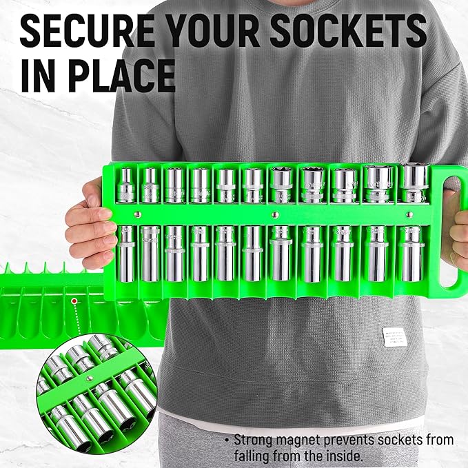 Magnetic Socket Organizer Set, 3 Pcs Green Portable Heavy Duty Socket Rail Set: 1/4-Inch x 22 Pallets, 3/8-Inch x 28 Pallets, 1/2-Inch x 26 Pallets, Hold 76 Sockets - Fit Shallow&Deep Sockets