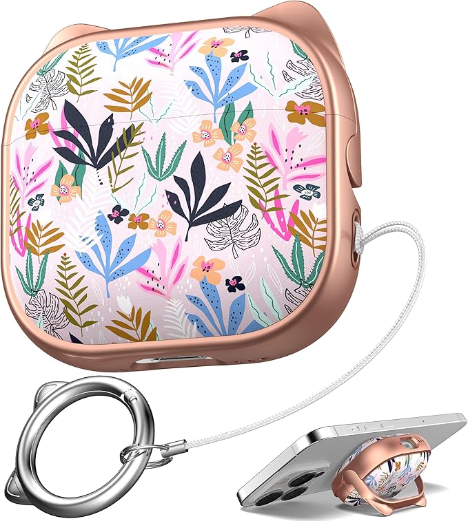for AirPods 4 Case with Cleaning Kit, Cute Cat Ear Print Design & Cute Buckle, Inverted Phone Holder Design, Top Safe Lock Buckle Design, for Girls AirPods 4 case 2024, Rose Gold Leaves