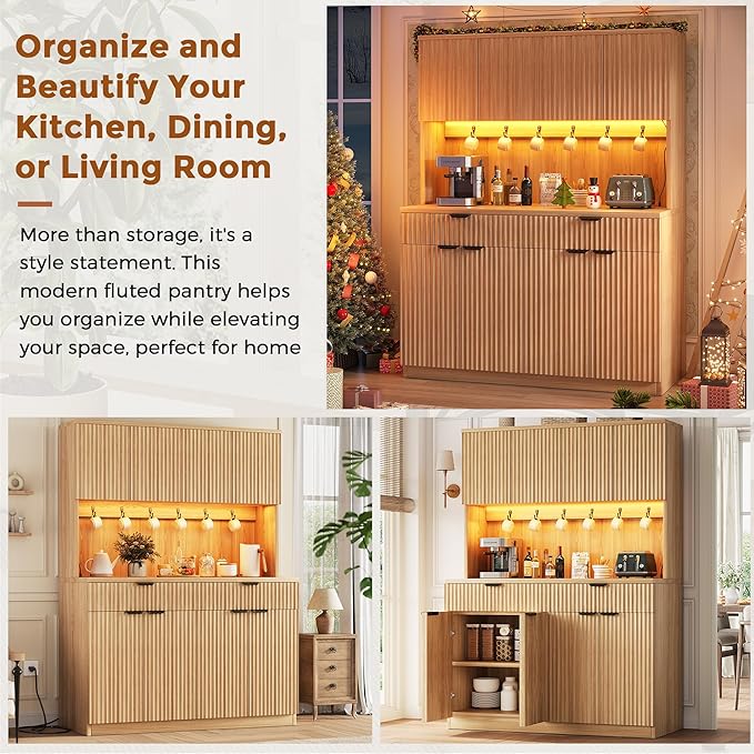 Fluted Kitchen Pantry Storage Cabinet with Charging Station/LED Light/Doors/Shelves, 71'' Tall Kitchen Food Hutch with Microwave Stand for Dining Room Living Room (Natural, 47 * 15.7 * 71)