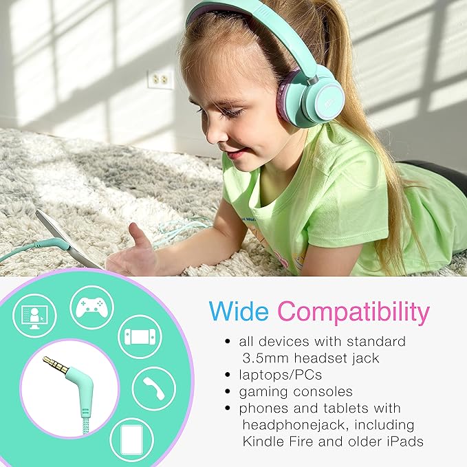MEE audio KidJamz KJ45 Children’s Safe Listening Headphones with Volume Limiter & Microphone, Adjustable On-Ear Kids Headset Wired w/3.5mm Jack for Online Learning/School/Travel/Tablet (Mint/Lavender)