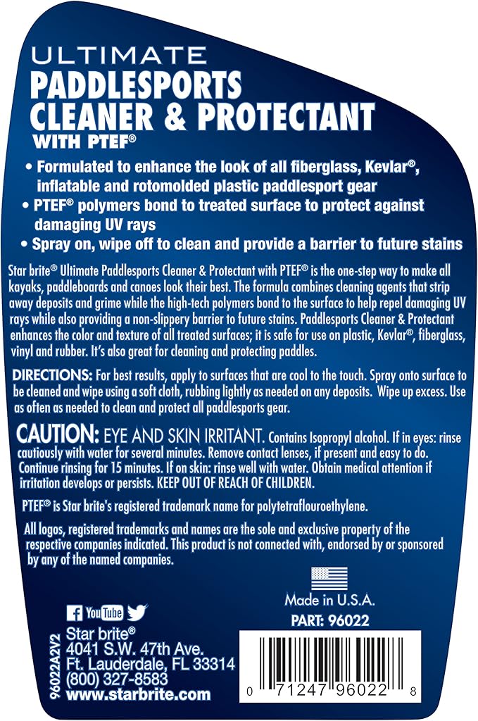 STAR BRITE Ultimate Paddlesports Cleaner & Protectant - Kayak, Canoe, Paddleboard UV Protective Spray - Fiberglass, Kevlar, Plastic Compatible - 22 OZ (096022)