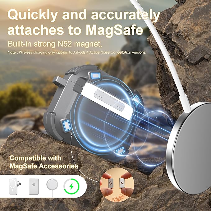 RFUNGUANGO for AirPods 4 Case, Compatible with AirPods 4th Generation Case (2024), Compatible with MagSafe, Magnetic Automatic Lock with Cleaner Kit and Keychain, Front LED Visible, Gray
