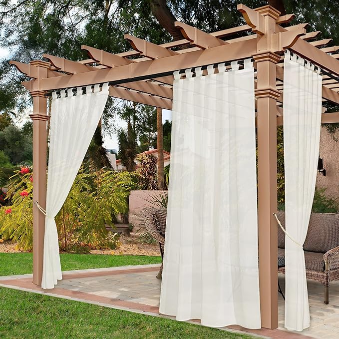 NICETOWN 2 Panels Outdoor Sheer Curtains for Patio Waterproof, Detachable Sticky Tab Top Elegant & Airy Sheer Panels Lightweight Drapes for Pergola/Porch, W54 x L84, Beige