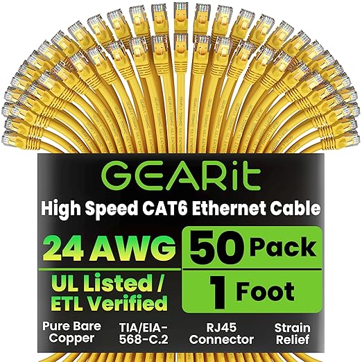 GEARit Cat 6 Ethernet Cable (50-Pack 1 Foot) Cat6 Network Patch, 10Gbps, RJ45, Snagless Cord, Gold-Plated Connectors, Internet for PC, TV, Tablet, Router, Printer, Servers, IT Data Center - Yellow