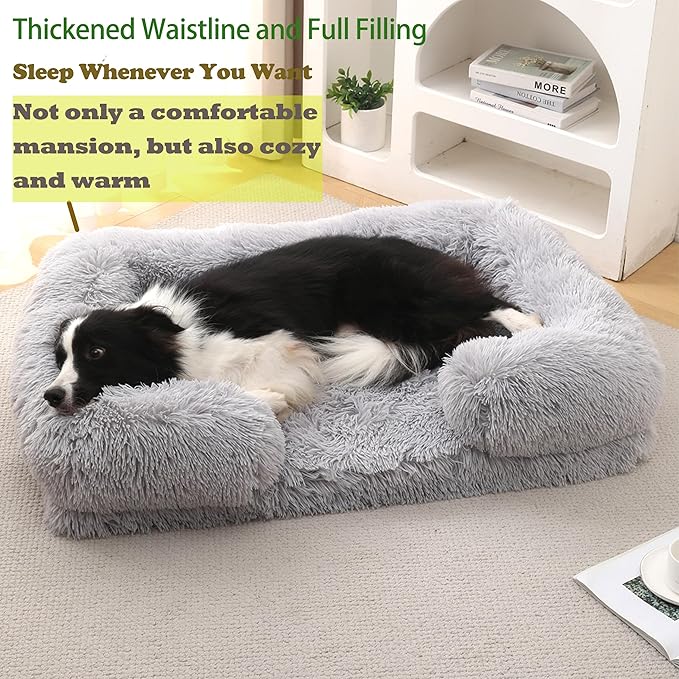 Orthopedic Dog Bed for XL Dogs - Washable Memory Foam Pet Sofa, Fluffy Plush Rectangular Bed, Waterproof Anti-Anxiety Couch, Light Gray, XL