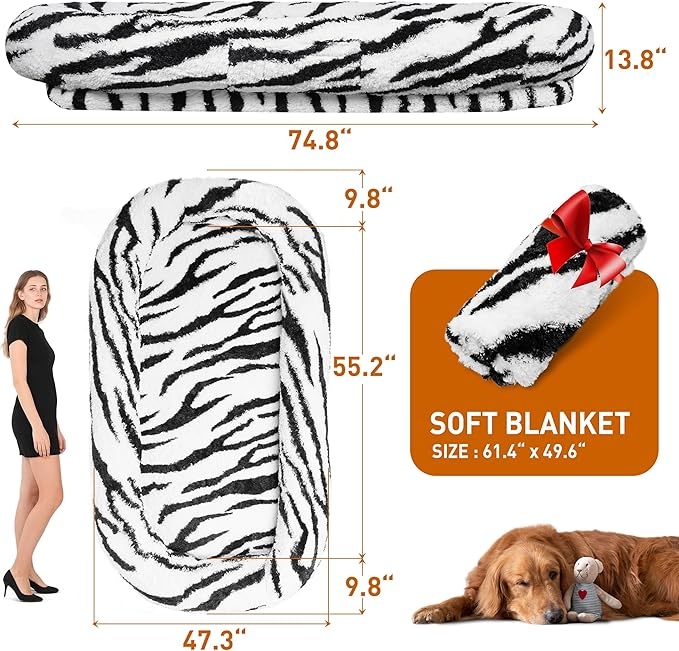 Human Dog Bed, 74.8''x47.2''x13.7'' Size Fits Adult and Pet Washable Giant People Dog Bed with Blanket, Zebra Stripe