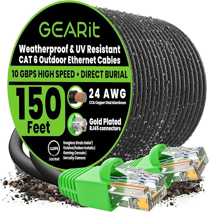 GEARit Cat 6 Ethernet Cable 150 Ft, Outdoor Direct Burial Cat6 Cord, Black