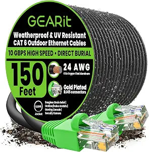 GEARit Cat 6 Ethernet Cable 150 Ft, Outdoor Direct Burial Cat6 Cord, Black