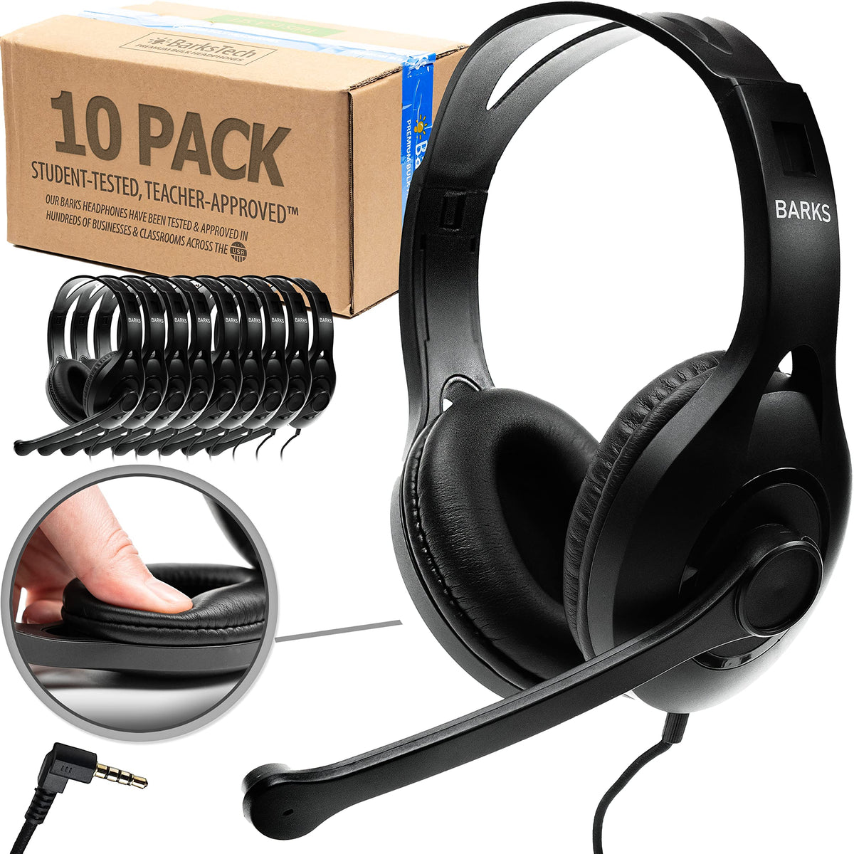 Barks Classroom Headphones with Microphone Bulk 10 Pack (Black, 3.5mm)