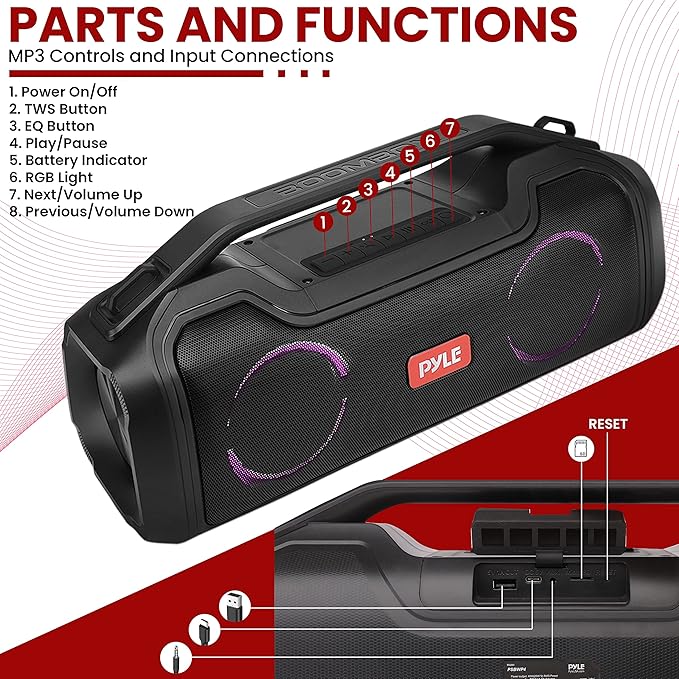 Pyle | Bluetooth Speaker | with HD Sound, Portable Wireless, IPX5 Waterproof, Up to 20H Playtime, TWS Pairing, BT5.3, for Home/Party/Outdoor/Beach, Electronic Gadgets, Birthday Gift