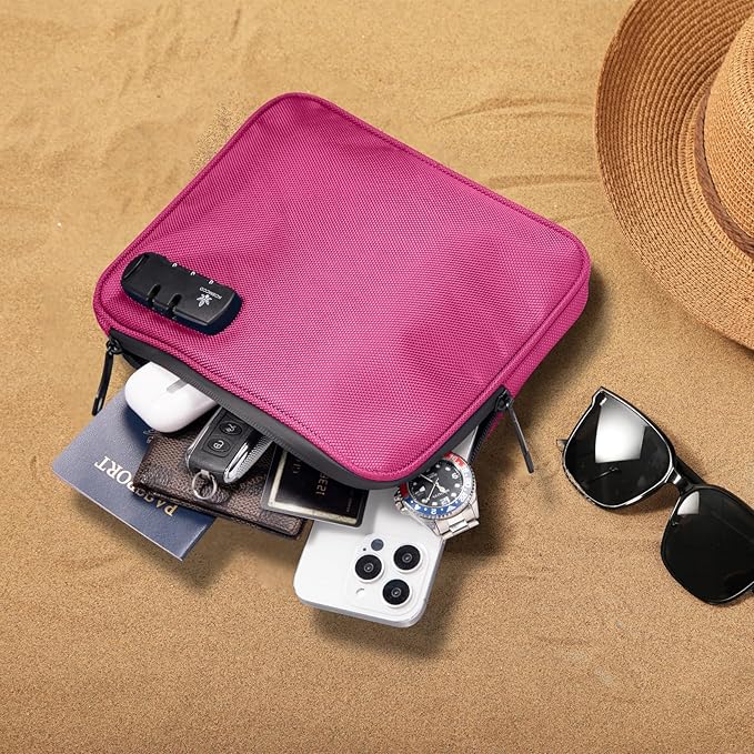 Beach Locking Bag, 9x7.5 Inch Portable Safe for Phone, Wallet, Keys | Anti-Theft Locking Travel Pouch for Pool, Vacation (Rose Red)