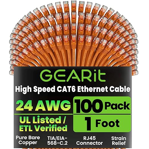 GEARit Cat 6 Ethernet Cable (100-Pack 1 Foot) Cat6 Network Patch, 10Gbps, RJ45, Snagless Cord, Gold-Plated Connectors, Internet for PC, TV, Tablet, Router, Printer, Servers, IT Data Center - Orange