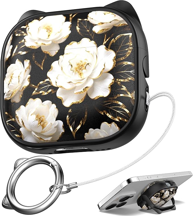 for AirPods 4 Case with Cleaning Kit, Cute Cat Ear Print Design & Cute Buckle, Inverted Phone Holder Design, Top Safe Lock Buckle Design, for Girls AirPods 4 case 2024, Black Peony