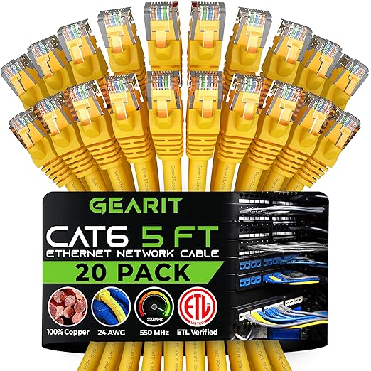 GEARit Cat 6 Ethernet Cable (20-Pack 5 Feet) Cat6 Network Patch, 10Gbps, RJ45, Snagless Cord, Gold-Plated Connectors, Internet for PC, TV, Tablet, Router, Printer, Servers, IT Data Center - Yellow