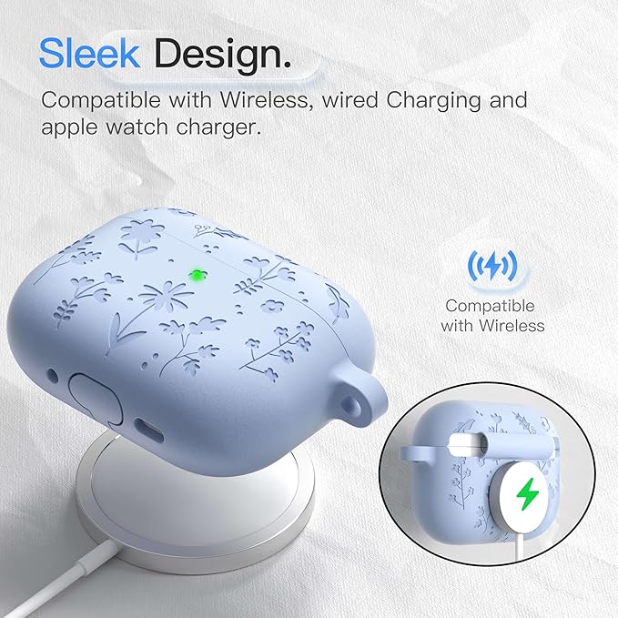 for AirPods Pro 3 Case (2025) DamonLight Floral Engraved Shockproof Protective Soft Silicone Case Cover with Cleaning Pen and Floral Keychain for Apple Airpods Pro 3rd Generation (Blue)