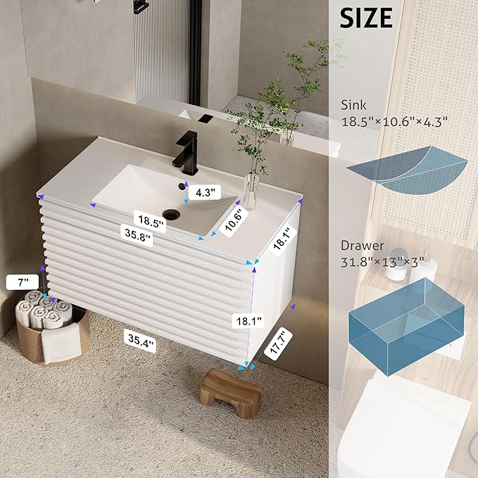 eclife 36" Floating Bathroom Vanity with Sink Combo Mid-Century Wall Mounted Cabinet with Wood Stripes Decor, Drawers, Undermount Sink, Faucet, Drain, Mixed White