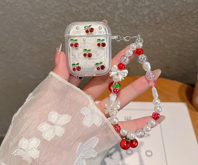 JANDM 3D Cherry Case with Keychain for AirPods 2/1 Generation,Clear Diamonds Aesthetic Shockproof Cover with Cute Pearl Strap Keychain for Women Girls Protective Cover