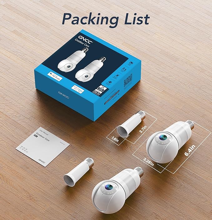 GNCC 2K Light Bulb Security Camera, 2.4GHz Only, 355° Wireless Outdoor Camera, Full-Color Night Vision, Motion Detection, Easy Install, Local & Cloud Storage Requires Subscription (2-Pack, White)