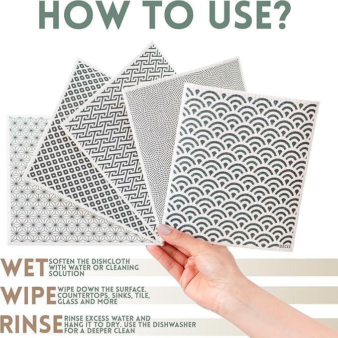 DECEE Swedish Dishcloths (Monochrome), 5 Pack Reusable Paper Towels, Non-Scratch Swedish Dish Towels for Kitchen, Super Absorbent Cellulose Dish Cloths, No Odor Cleaning Rags