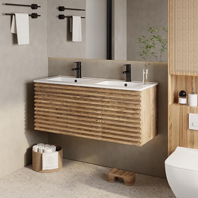 eclife 48" Floating Bathroom Vanity with Sink Combo Mid-Century Wall Mounted Cabinet with Wood Stripes Decor, Drawers, Undermount Sink, Faucet, Drain, Light Walnut