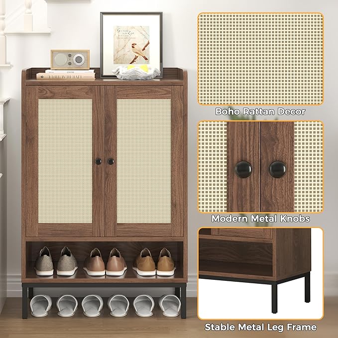 JASIWAY Rattan Shoe Cabinet Storage for Entryway, Shoe Cabinet with Adjustable Shelves for Entryway, 5-Tier, 20 Pair Shoe Rack Storage for Hallway, Closet, Living Room, Brown