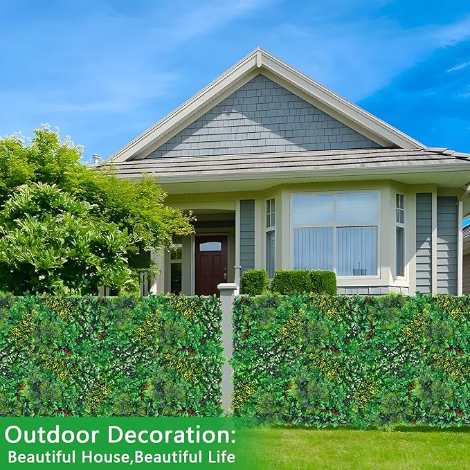 Artificial Grass Wall Panels, 20''x20'' 12pcs Boxwood Wall Panels with Tropical Leaves, Faux Greenery Privacy Fence Screen, Grass Backdrop for Outdoor Indoor Garden Birthday Wedding Decor