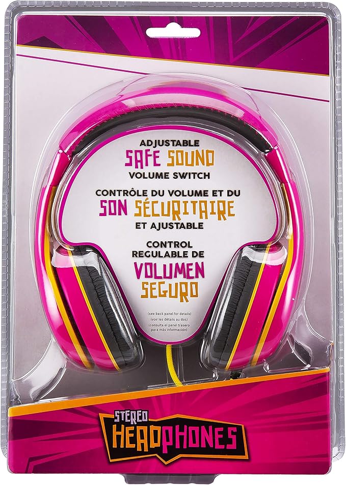 eKids Kids Headphones, Stereo Sound, 3.5mm Jack Cord, Wired Headphones for Kids, Tangle-Free, Volume Control, Childrens Earphones Over Ear for Travel Pink