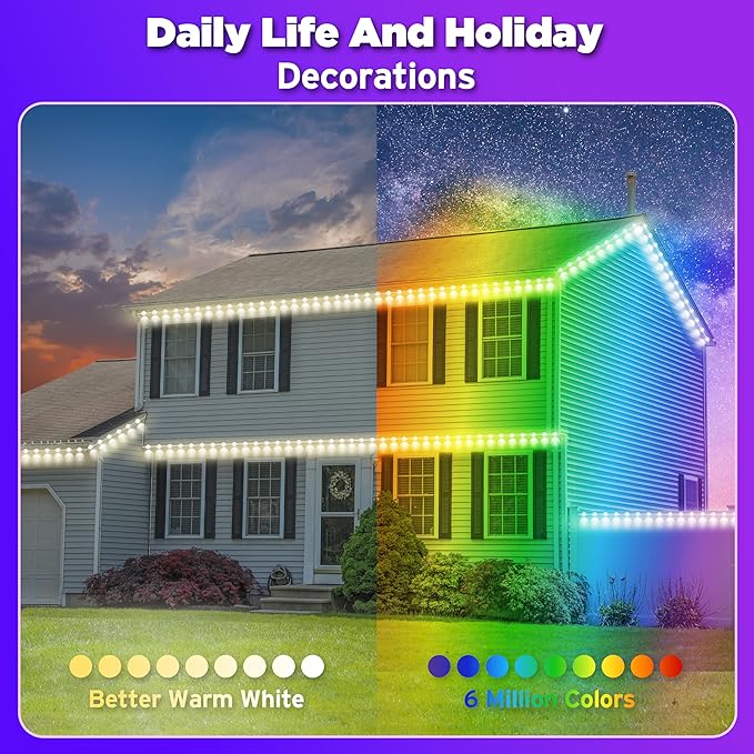 100FT Smart RGB Outdoor Lights - IP67 Waterproof LED Strip Lights with App/Remote Control, for Holiday Decor, Garden, Patio & Home Accent Lighting (Permanent Installation)