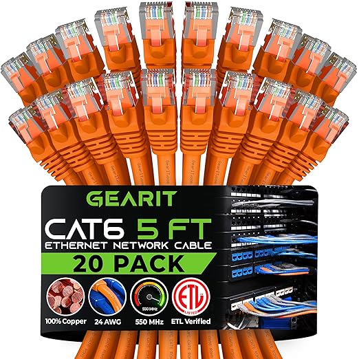 GEARit Cat 6 Ethernet Cable (20-Pack 5 Feet) Cat6 Network Patch, 10Gbps, RJ45, Snagless Cord, Gold-Plated Connectors, Internet for PC, TV, Tablet, Router, Printer, Servers, IT Data Center - Orange
