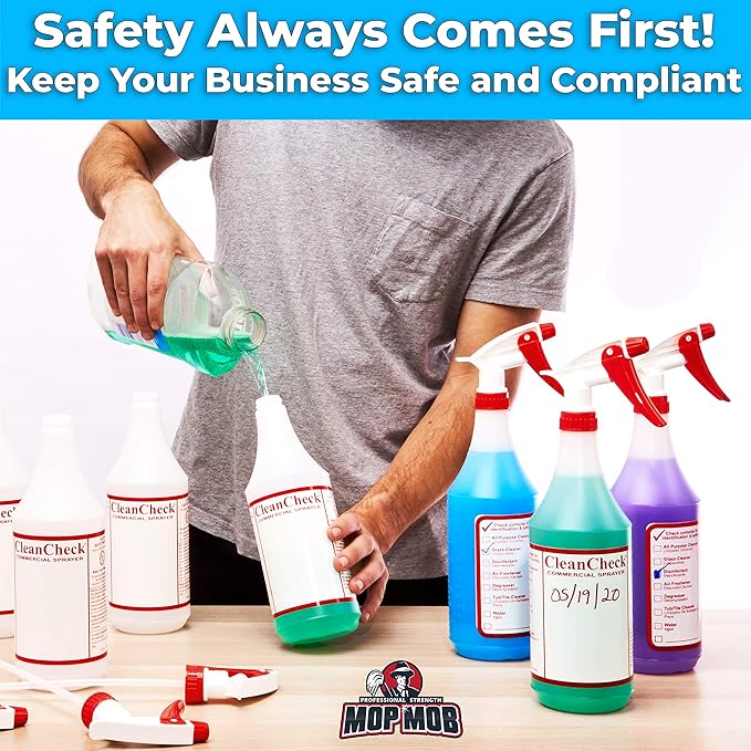 Extra Safe, Bilingual MSDS Spray Bottles 3 Pack. Large, Empty 32 Oz Bottle Perfect for Professional Cleaning Solutions, Sanitizers or Household Cleaners. Best Heavy Duty Plastic Bottle With Data Sheet