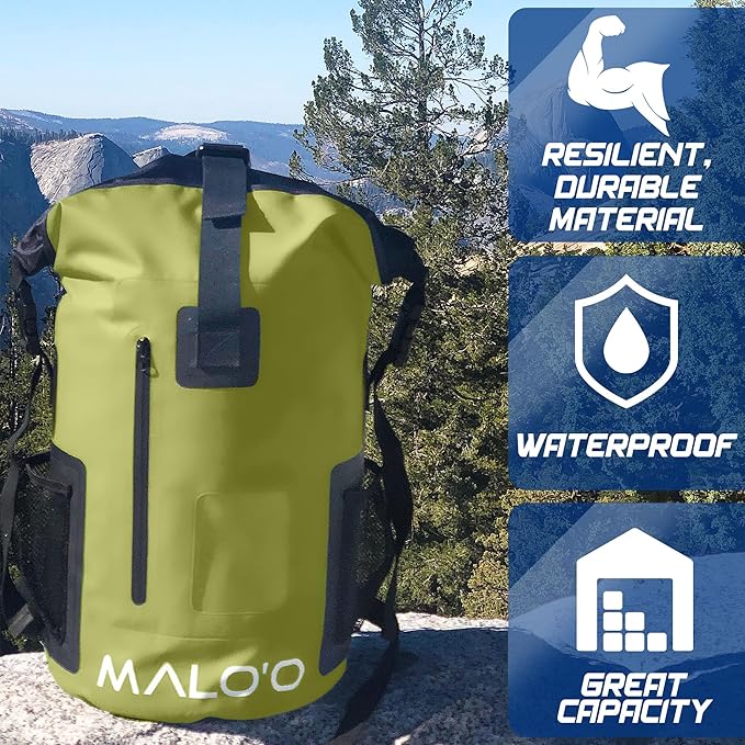 Malo?™o DryPack 30L Waterproof Backpack, Roll-Top Dry Bag Backpack with Padded Straps, Floating Design for Beach, Kayaking, Fishing, Boating, Travel, and Water Sports, Dark Green