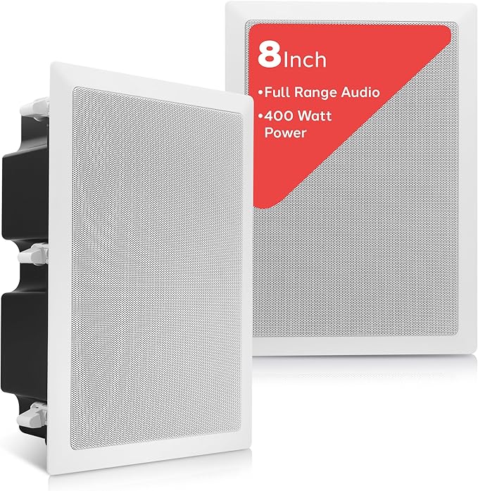 Pyle Ceiling Wall Mount Enclosed Speaker - 400 Watt Stereo In-wall / In-ceiling 8" Enclosed Full Range Deep Bass Speaker System - 50Hz-20kHz Frequency Response, 4-8 Ohm, Flush Mount - PDIW87 White