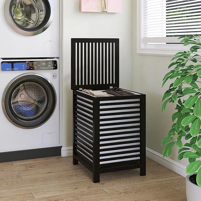 SMIBUY Double Laundry Hamper with Lid, 120L Bamboo Laundry Basket with Removable Liner Bag, 2-Section Clothes Divider Laundry Sorter for Laundry Room, Bathroom, Bedroom (Black)
